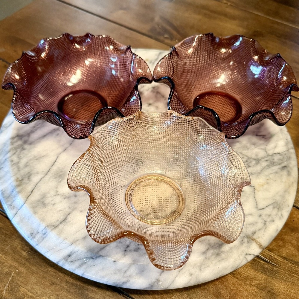 3pc VTG 60s Italy Colony Purple Pink Ruffle Lettuce Edge Waffle Candy Bowls